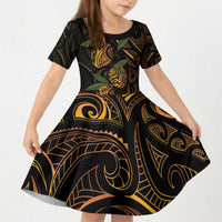 Hawaiian Mango Tribal Tattoo Kid Short Sleeve Dress Gold Pacific Traditional Pattern LT9 KID Gold - Polynesian Pride