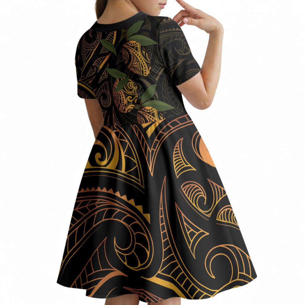 Hawaiian Mango Tribal Tattoo Kid Short Sleeve Dress Gold Pacific Traditional Pattern LT9 - Polynesian Pride