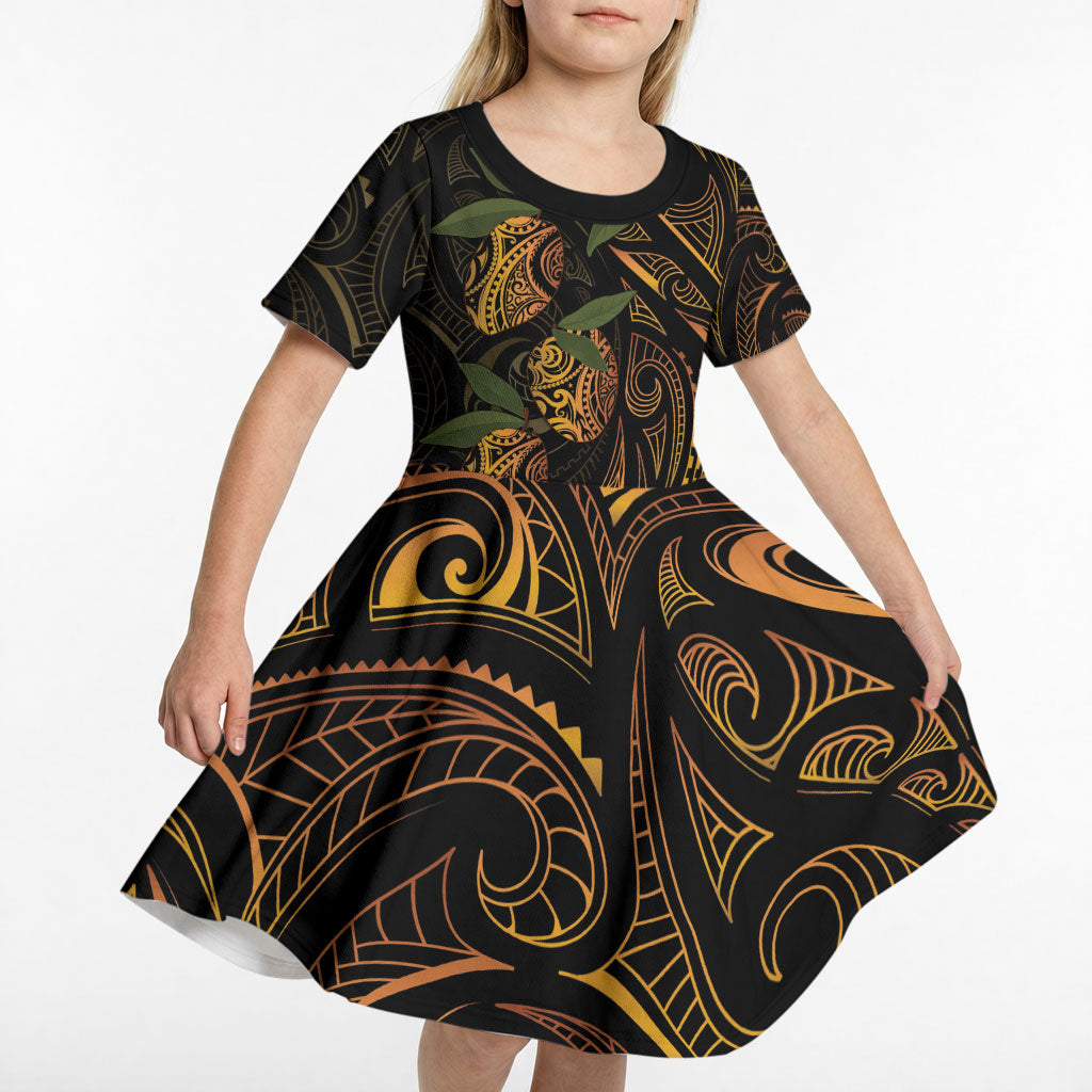 Hawaiian Mango Tribal Tattoo Kid Short Sleeve Dress Gold Pacific Traditional Pattern LT9 - Polynesian Pride