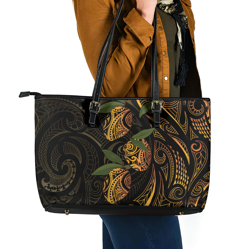 Hawaiian Mango Tribal Tattoo Leather Tote Bag Gold Pacific Traditional Pattern LT9 - Polynesian Pride