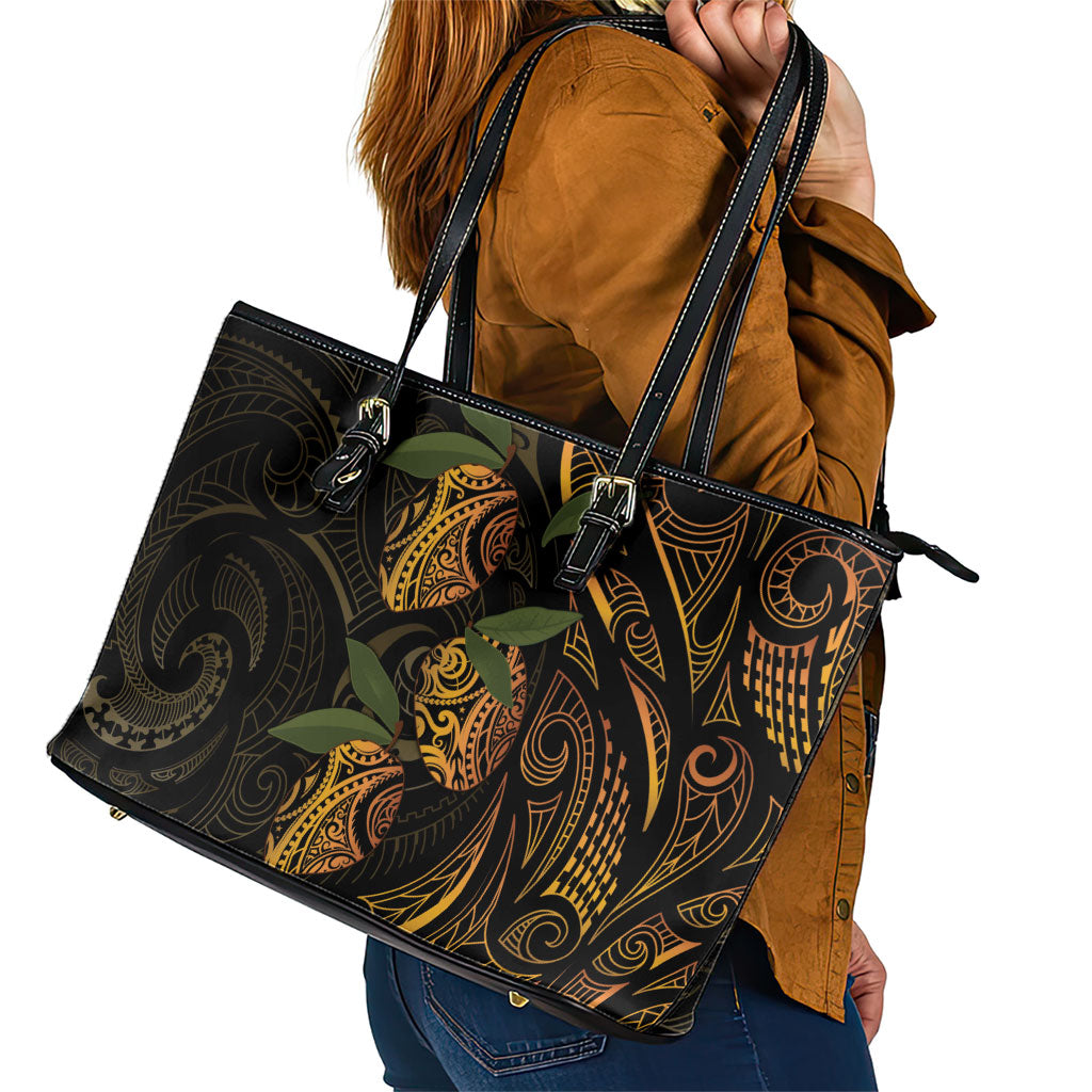 Hawaiian Mango Tribal Tattoo Leather Tote Bag Gold Pacific Traditional Pattern LT9 - Polynesian Pride