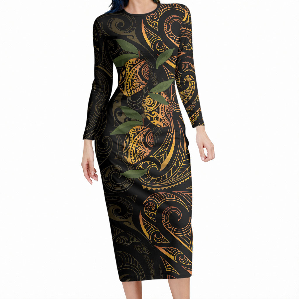 Hawaiian Mango Tribal Tattoo Long Sleeve Bodycon Dress Gold Pacific Traditional Pattern LT9 Long Dress Gold - Polynesian Pride