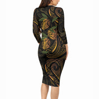 Hawaiian Mango Tribal Tattoo Long Sleeve Bodycon Dress Gold Pacific Traditional Pattern LT9 - Polynesian Pride