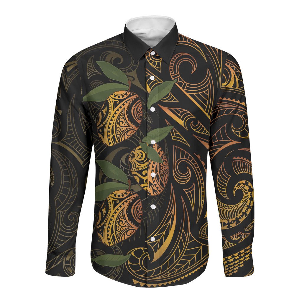 Hawaiian Mango Tribal Tattoo Long Sleeve Button Shirt Gold Pacific Traditional Pattern LT9 Unisex Gold - Polynesian Pride