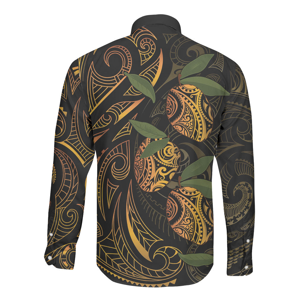 Hawaiian Mango Tribal Tattoo Long Sleeve Button Shirt Gold Pacific Traditional Pattern LT9 - Polynesian Pride