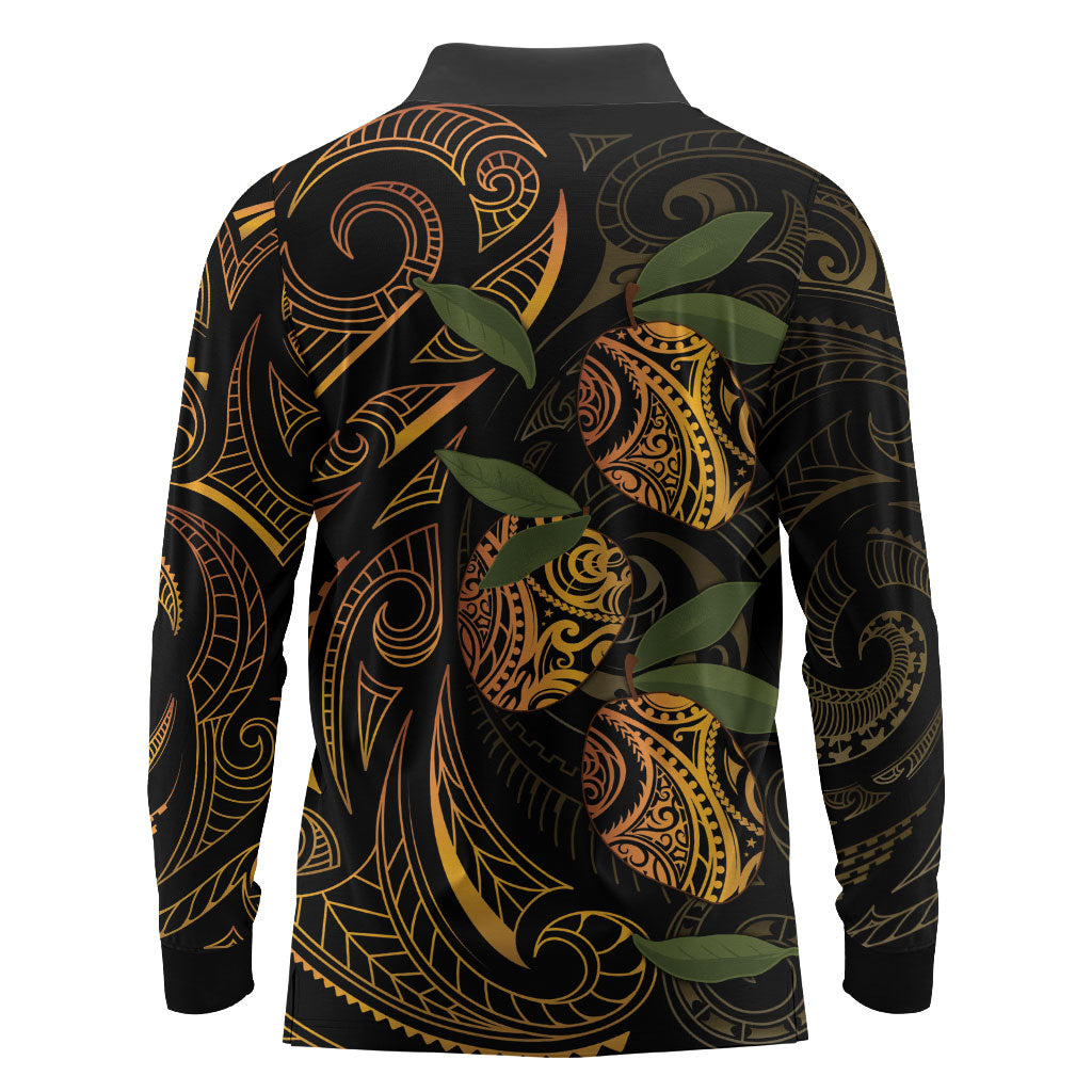 Hawaiian Mango Tribal Tattoo Long Sleeve Polo Shirt Gold Pacific Traditional Pattern LT9 - Polynesian Pride
