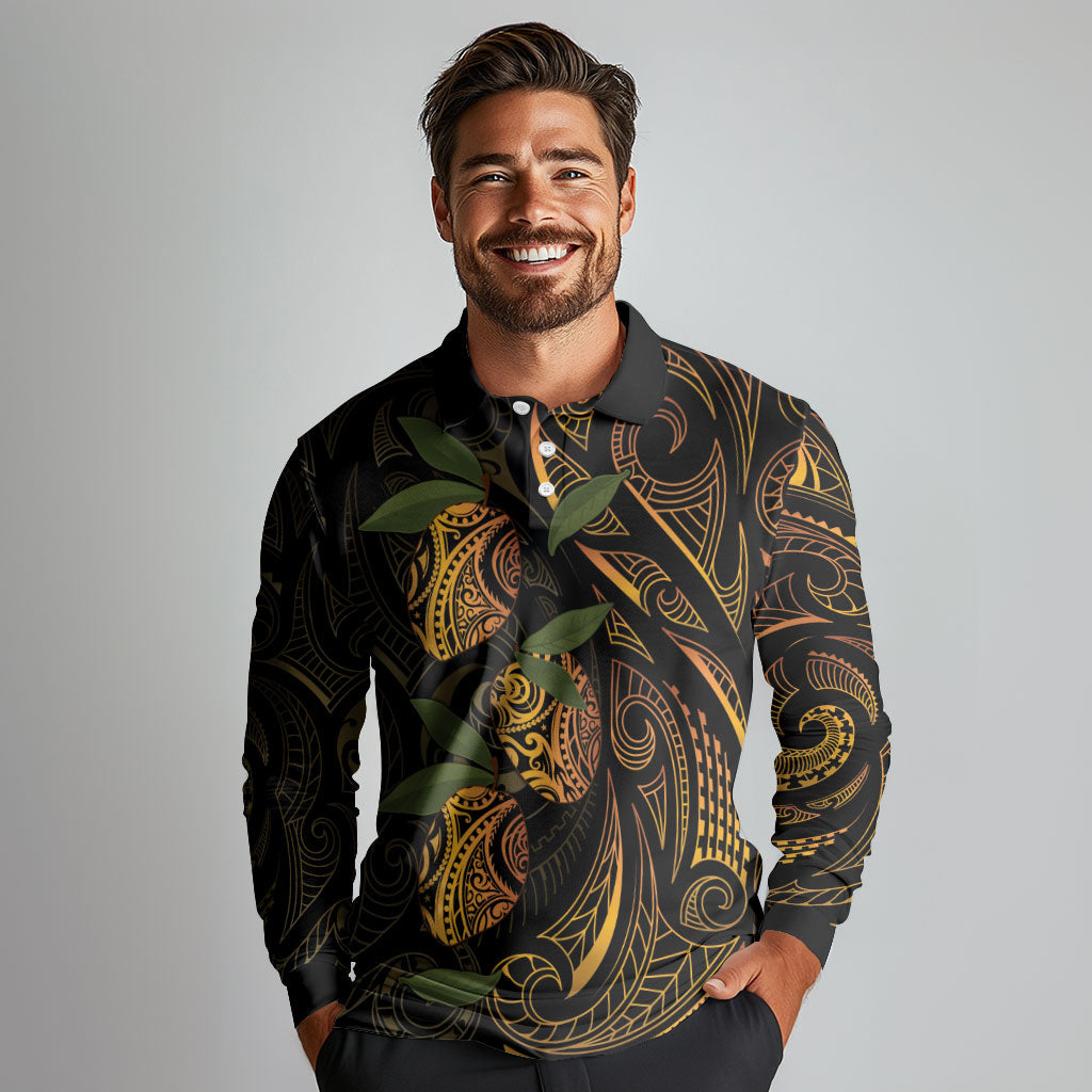 Hawaiian Mango Tribal Tattoo Long Sleeve Polo Shirt Gold Pacific Traditional Pattern LT9 - Polynesian Pride