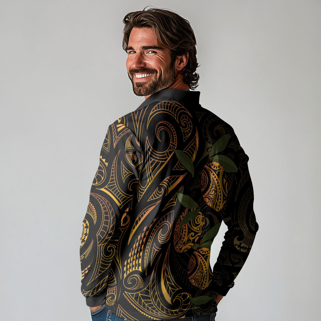 Hawaiian Mango Tribal Tattoo Long Sleeve Polo Shirt Gold Pacific Traditional Pattern LT9 - Polynesian Pride