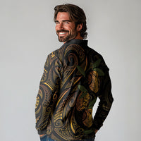 Hawaiian Mango Tribal Tattoo Long Sleeve Polo Shirt Gold Pacific Traditional Pattern LT9 - Polynesian Pride
