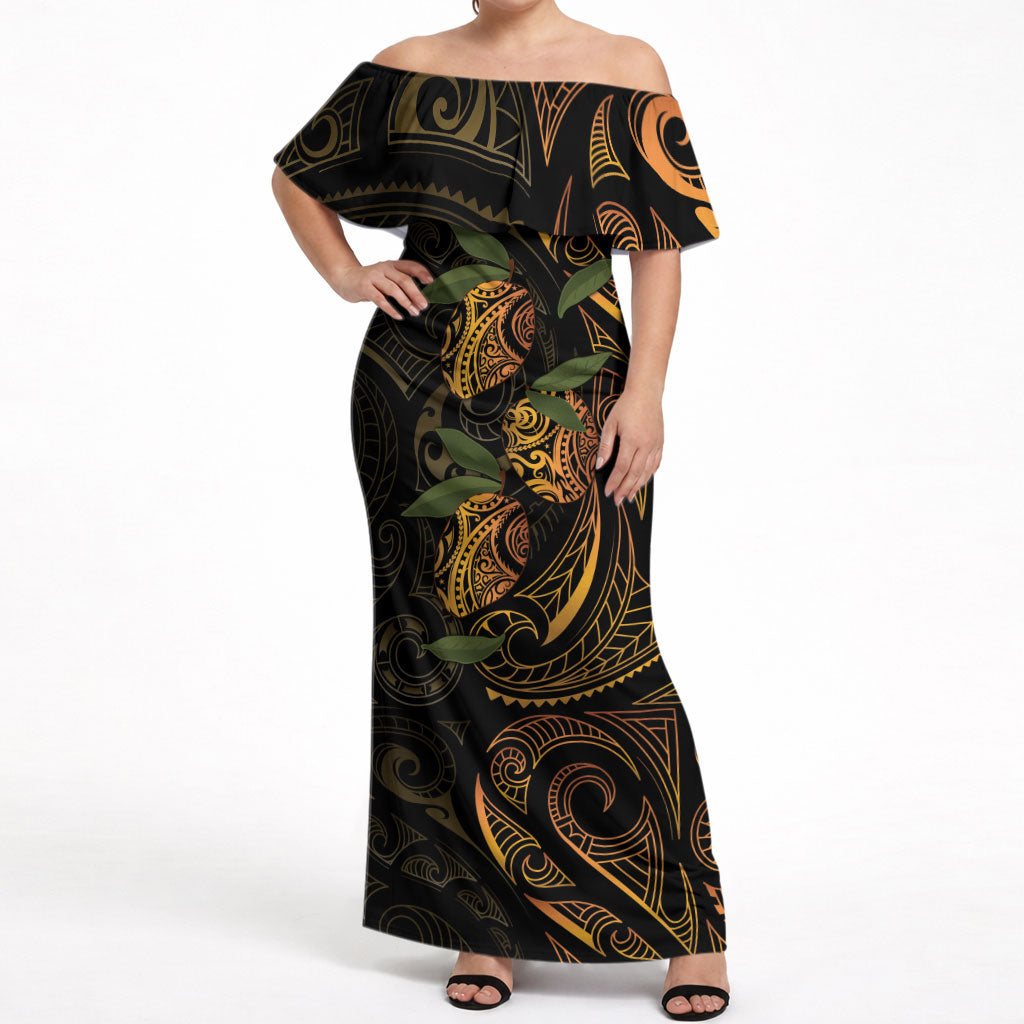 Hawaiian Mango Tribal Tattoo Off Shoulder Maxi Dress Gold Pacific Traditional Pattern LT9 Women Gold - Polynesian Pride