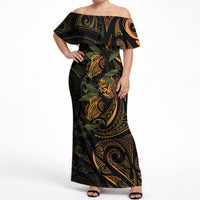 Hawaiian Mango Tribal Tattoo Off Shoulder Maxi Dress Gold Pacific Traditional Pattern LT9 Women Gold - Polynesian Pride