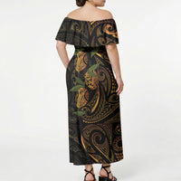 Hawaiian Mango Tribal Tattoo Off Shoulder Maxi Dress Gold Pacific Traditional Pattern LT9 - Polynesian Pride