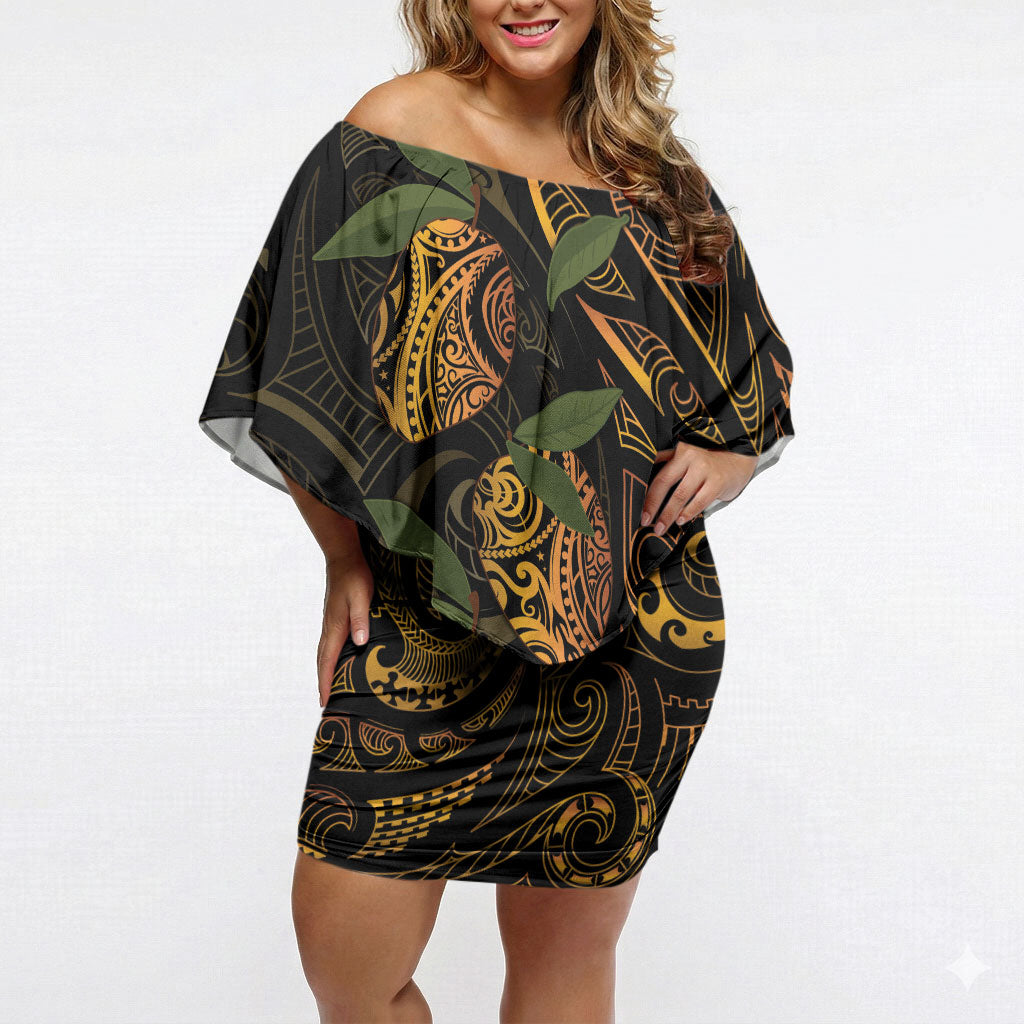 Hawaiian Mango Tribal Tattoo Off Shoulder Short Dress Gold Pacific Traditional Pattern LT9 Women Gold - Polynesian Pride