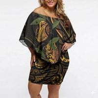 Hawaiian Mango Tribal Tattoo Off Shoulder Short Dress Gold Pacific Traditional Pattern LT9 Women Gold - Polynesian Pride