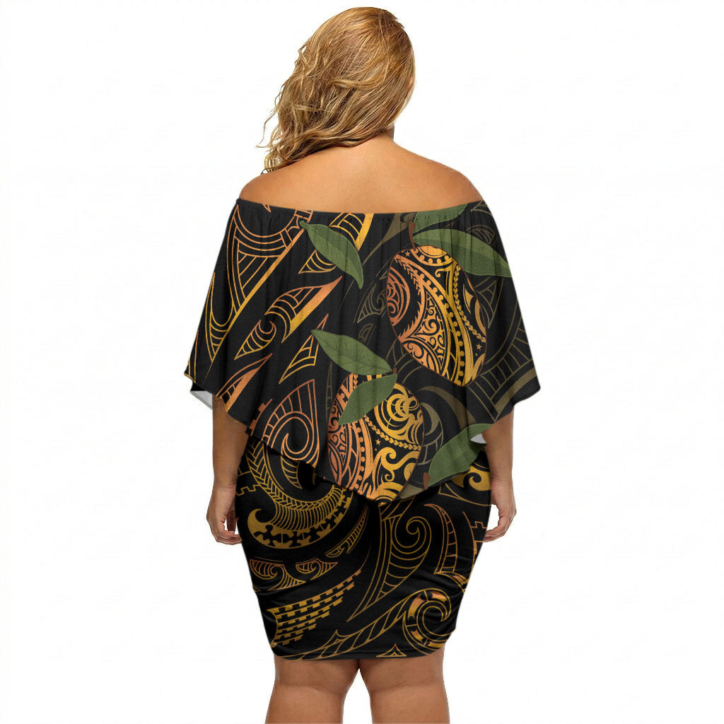 Hawaiian Mango Tribal Tattoo Off Shoulder Short Dress Gold Pacific Traditional Pattern LT9 - Polynesian Pride