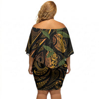 Hawaiian Mango Tribal Tattoo Off Shoulder Short Dress Gold Pacific Traditional Pattern LT9 - Polynesian Pride