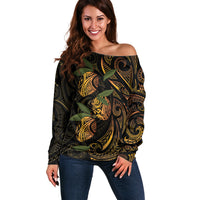 Hawaiian Mango Tribal Tattoo Off Shoulder Sweater Gold Pacific Traditional Pattern LT9 Women Gold - Polynesian Pride