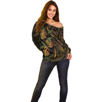 Hawaiian Mango Tribal Tattoo Off Shoulder Sweater Gold Pacific Traditional Pattern LT9 - Polynesian Pride