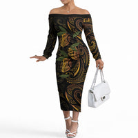 Hawaiian Mango Tribal Tattoo Off The Shoulder Long Sleeve Dress Gold Pacific Traditional Pattern LT9 Women Gold - Polynesian Pride