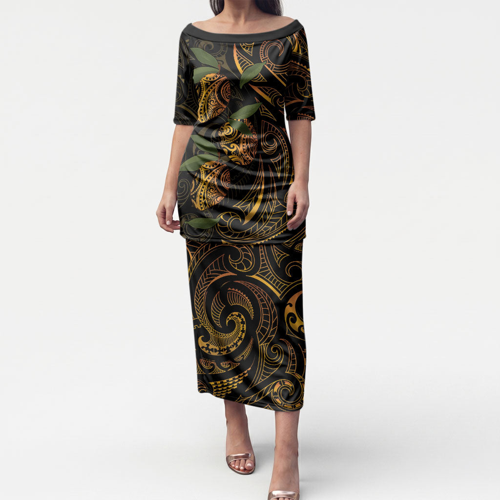 Hawaiian Mango Tribal Tattoo Puletasi Gold Pacific Traditional Pattern LT9 Long Dress Gold - Polynesian Pride