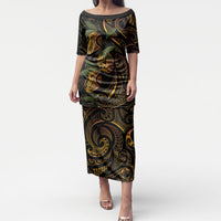 Hawaiian Mango Tribal Tattoo Puletasi Gold Pacific Traditional Pattern LT9 Long Dress Gold - Polynesian Pride