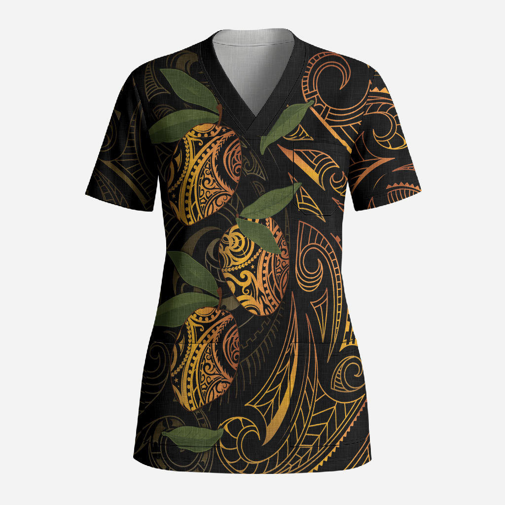 Hawaiian Mango Tribal Tattoo Scrub Top Gold Pacific Traditional Pattern LT9 Adult Gold - Polynesian Pride