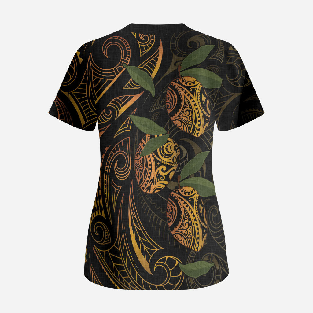 Hawaiian Mango Tribal Tattoo Scrub Top Gold Pacific Traditional Pattern LT9 - Polynesian Pride