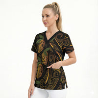 Hawaiian Mango Tribal Tattoo Scrub Top Gold Pacific Traditional Pattern LT9 - Polynesian Pride