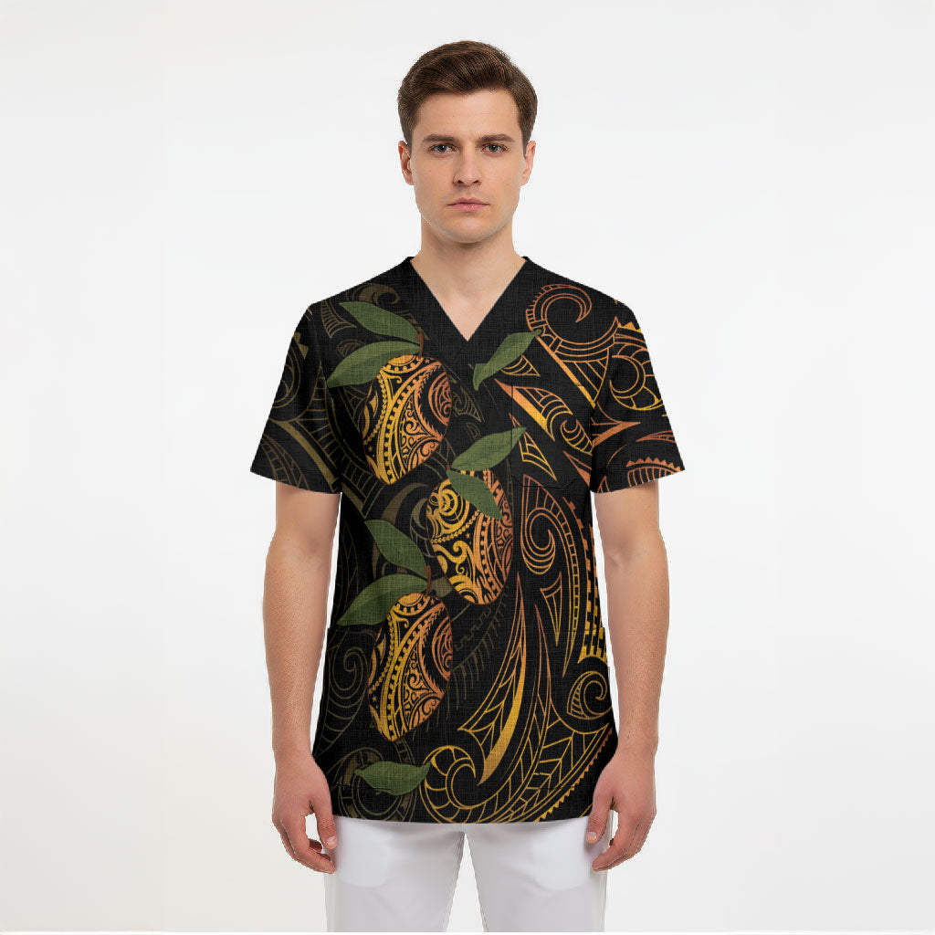 Hawaiian Mango Tribal Tattoo Scrub Top Gold Pacific Traditional Pattern LT9 - Polynesian Pride