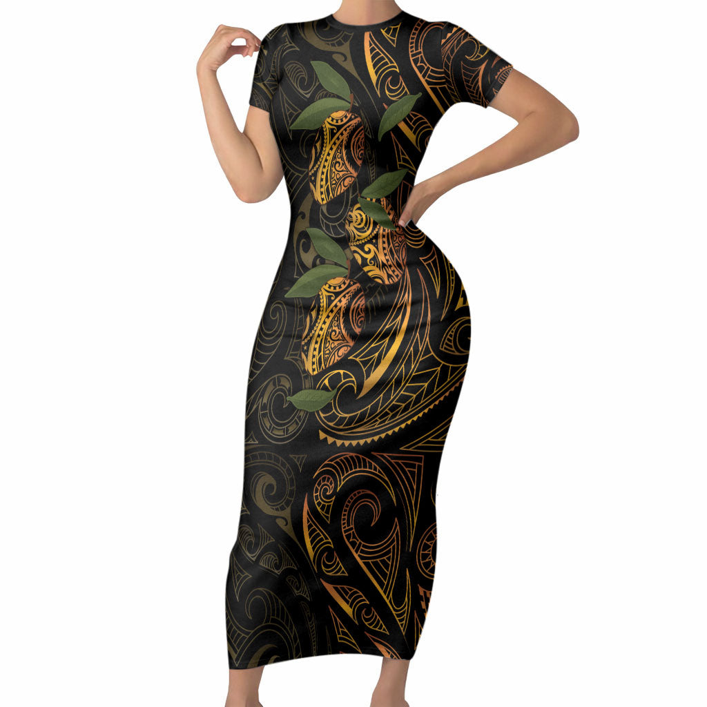 Hawaiian Mango Tribal Tattoo Short Sleeve Bodycon Dress Gold Pacific Traditional Pattern LT9 Long Dress Gold - Polynesian Pride