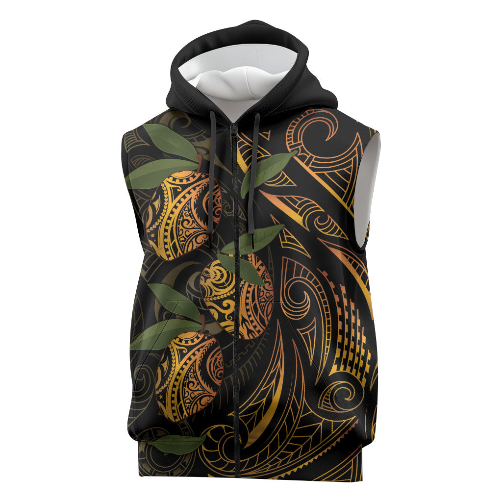 Hawaiian Mango Tribal Tattoo Sleeveless Zip Hoodie Gold Pacific Traditional Pattern LT9 Gold - Polynesian Pride