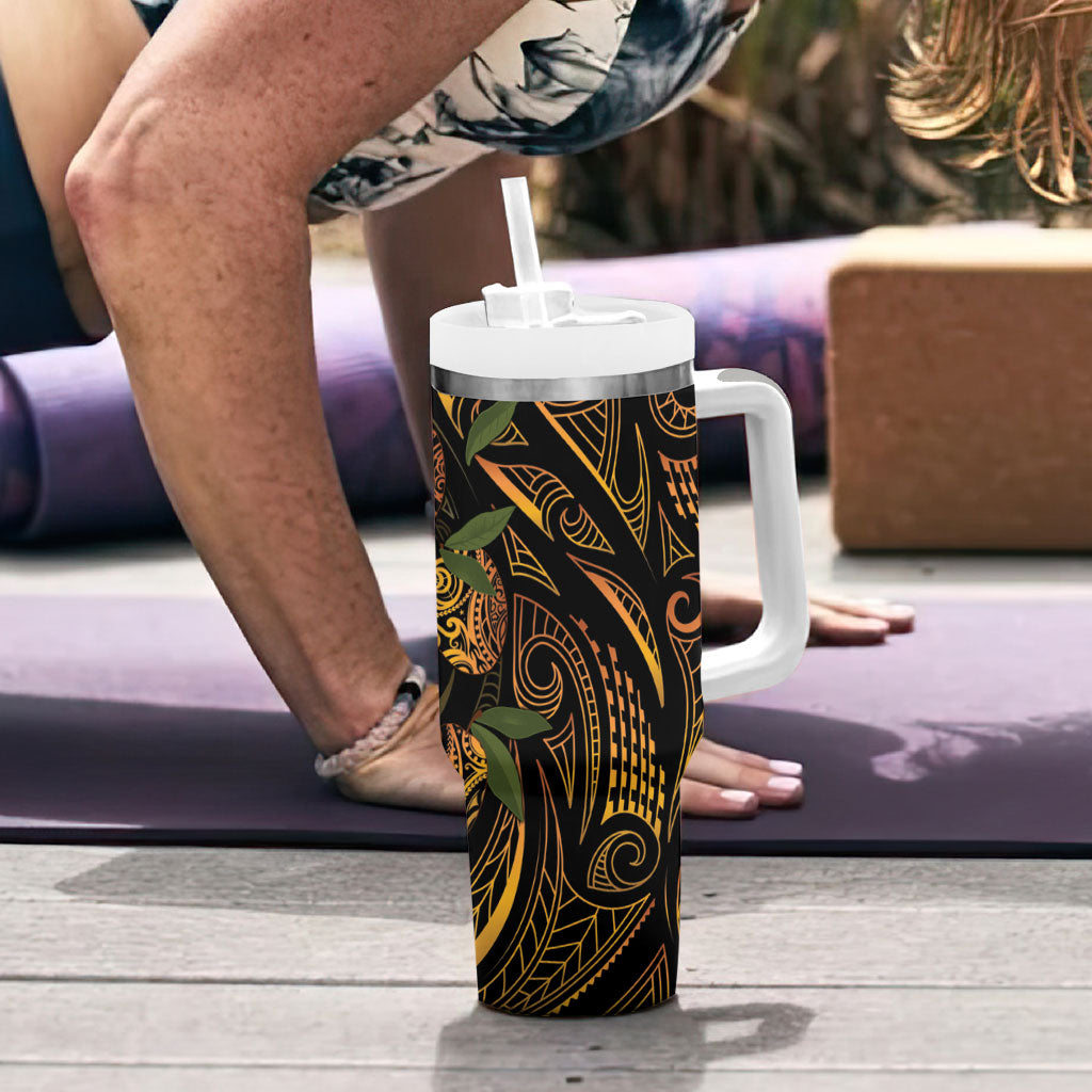 Hawaiian Mango Tribal Tattoo Tumbler With Handle Gold Pacific Traditional Pattern LT9 - Polynesian Pride