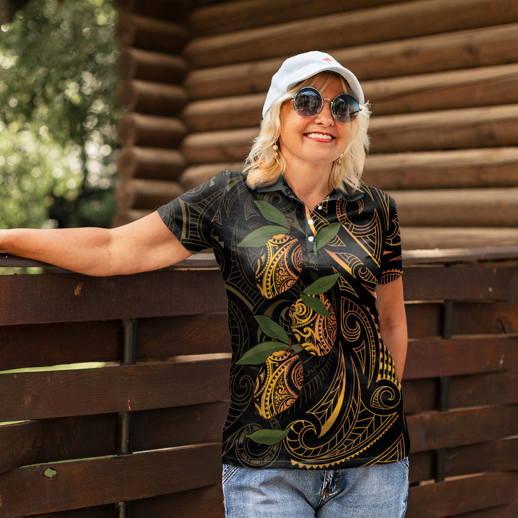 Hawaiian Mango Tribal Tattoo Women Polo Shirt Gold Pacific Traditional Pattern LT9 - Polynesian Pride