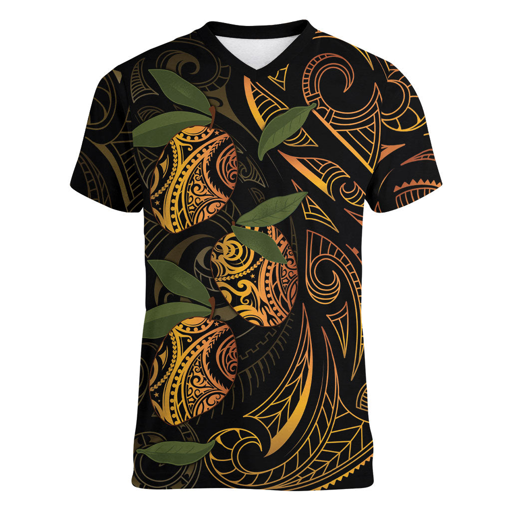Hawaiian Mango Tribal Tattoo Women V-Neck T-Shirt Gold Pacific Traditional Pattern LT9 Female Gold - Polynesian Pride
