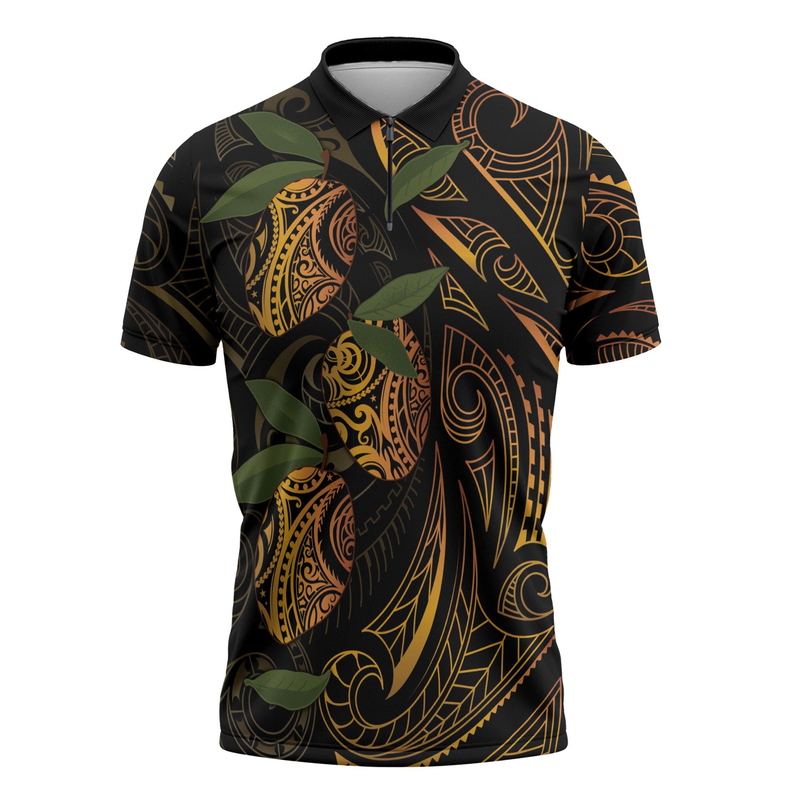 Hawaiian Mango Tribal Tattoo Zipper Polo Shirt Gold Pacific Traditional Pattern LT9 Gold - Polynesian Pride