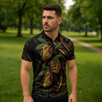 Hawaiian Mango Tribal Tattoo Zipper Polo Shirt Gold Pacific Traditional Pattern LT9 - Polynesian Pride