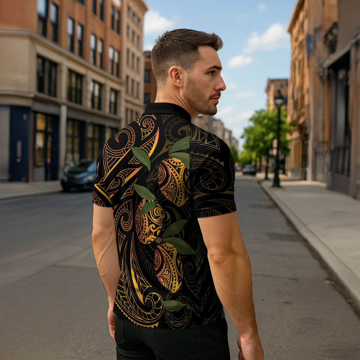 Hawaiian Mango Tribal Tattoo Zipper Polo Shirt Gold Pacific Traditional Pattern LT9 - Polynesian Pride