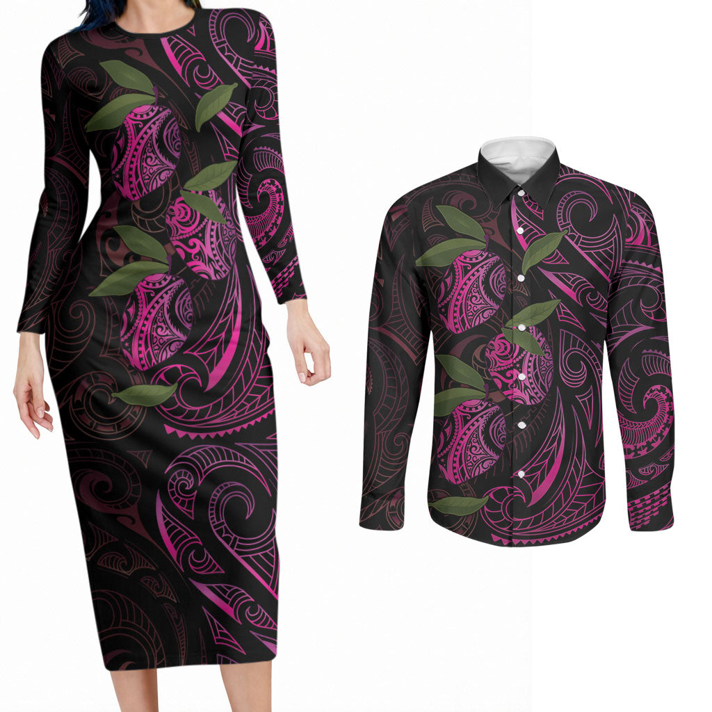 Hawaiian Mango Tribal Tattoo Couples Matching Long Sleeve Bodycon Dress and Long Sleeve Button Shirt Pink Pacific Traditional Pattern LT9 Pink - Polynesian Pride
