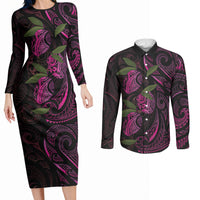 Hawaiian Mango Tribal Tattoo Couples Matching Long Sleeve Bodycon Dress and Long Sleeve Button Shirt Pink Pacific Traditional Pattern LT9 Pink - Polynesian Pride