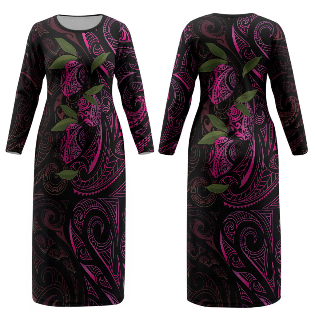 Hawaiian Mango Tribal Tattoo Couples Matching Long Sleeve Bodycon Dress and Long Sleeve Button Shirt Pink Pacific Traditional Pattern LT9 - Polynesian Pride
