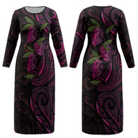 Hawaiian Mango Tribal Tattoo Couples Matching Long Sleeve Bodycon Dress and Long Sleeve Button Shirt Pink Pacific Traditional Pattern LT9 - Polynesian Pride
