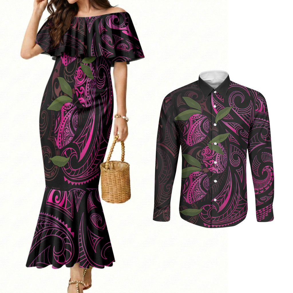 Hawaiian Mango Tribal Tattoo Couples Matching Mermaid Dress and Long Sleeve Button Shirt Pink Pacific Traditional Pattern LT9 Pink - Polynesian Pride