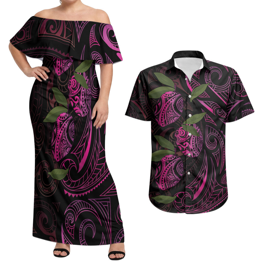 Hawaiian Mango Tribal Tattoo Couples Matching Off Shoulder Maxi Dress and Hawaiian Shirt Pink Pacific Traditional Pattern LT9 Pink - Polynesian Pride