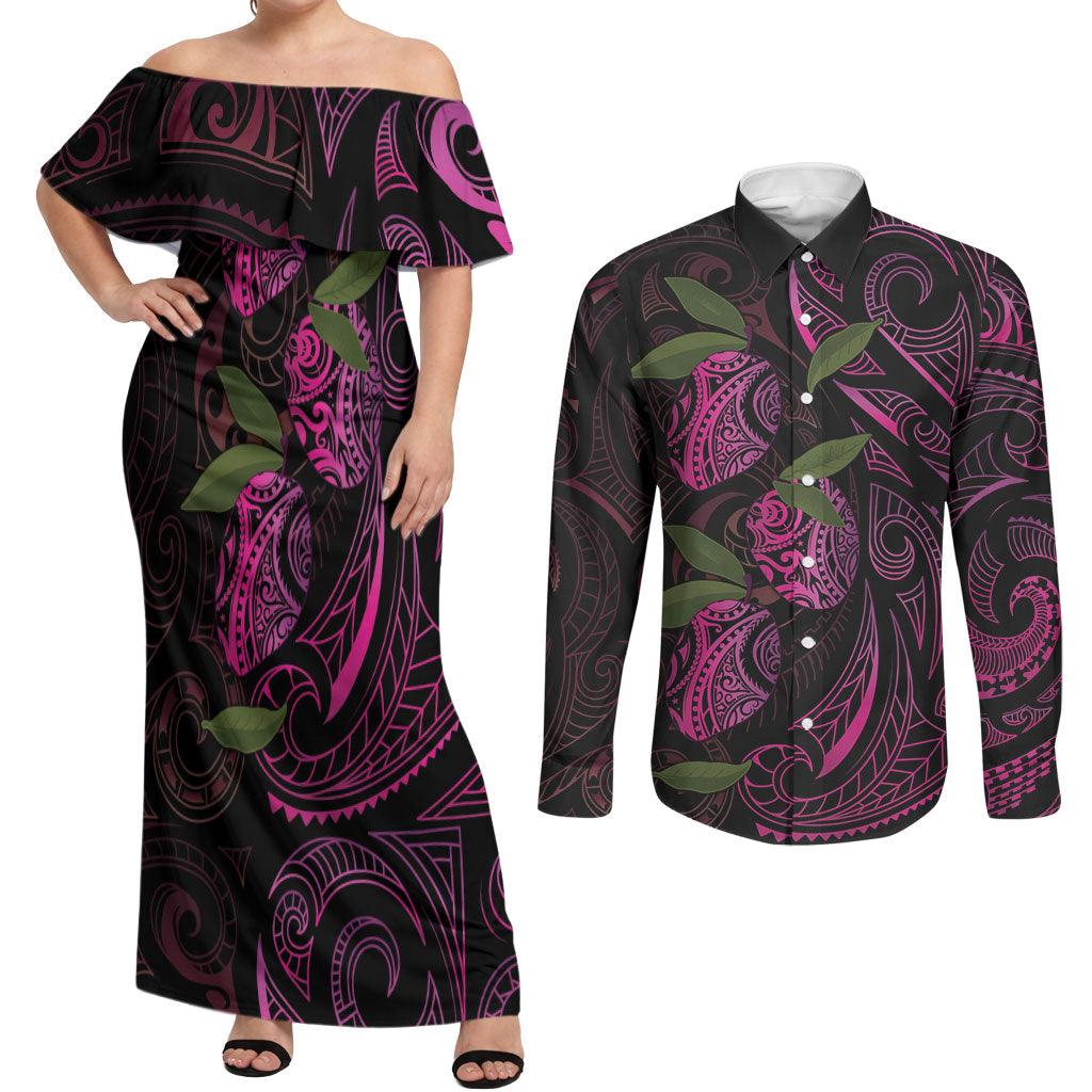 Hawaiian Mango Tribal Tattoo Couples Matching Off Shoulder Maxi Dress and Long Sleeve Button Shirt Pink Pacific Traditional Pattern LT9 Pink - Polynesian Pride