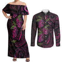 Hawaiian Mango Tribal Tattoo Couples Matching Off Shoulder Maxi Dress and Long Sleeve Button Shirt Pink Pacific Traditional Pattern LT9 Pink - Polynesian Pride