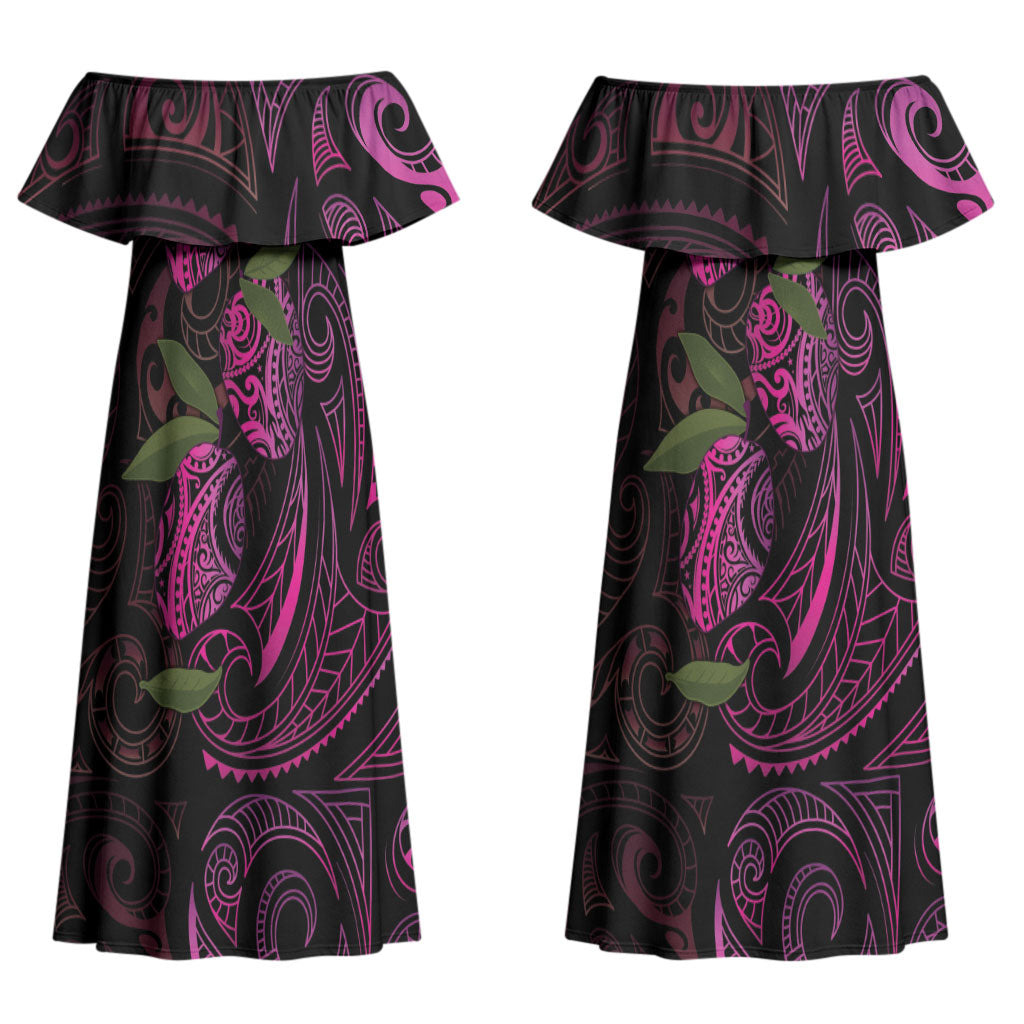 Hawaiian Mango Tribal Tattoo Couples Matching Off Shoulder Maxi Dress and Long Sleeve Button Shirt Pink Pacific Traditional Pattern LT9 - Polynesian Pride