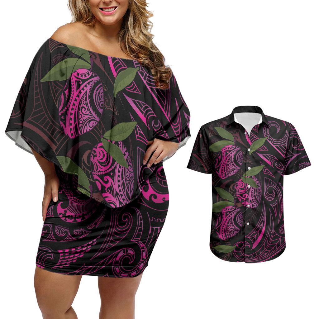 Hawaiian Mango Tribal Tattoo Couples Matching Off Shoulder Short Dress and Hawaiian Shirt Pink Pacific Traditional Pattern LT9 Pink - Polynesian Pride