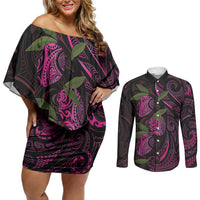 Hawaiian Mango Tribal Tattoo Couples Matching Off Shoulder Short Dress and Long Sleeve Button Shirt Pink Pacific Traditional Pattern LT9 Pink - Polynesian Pride