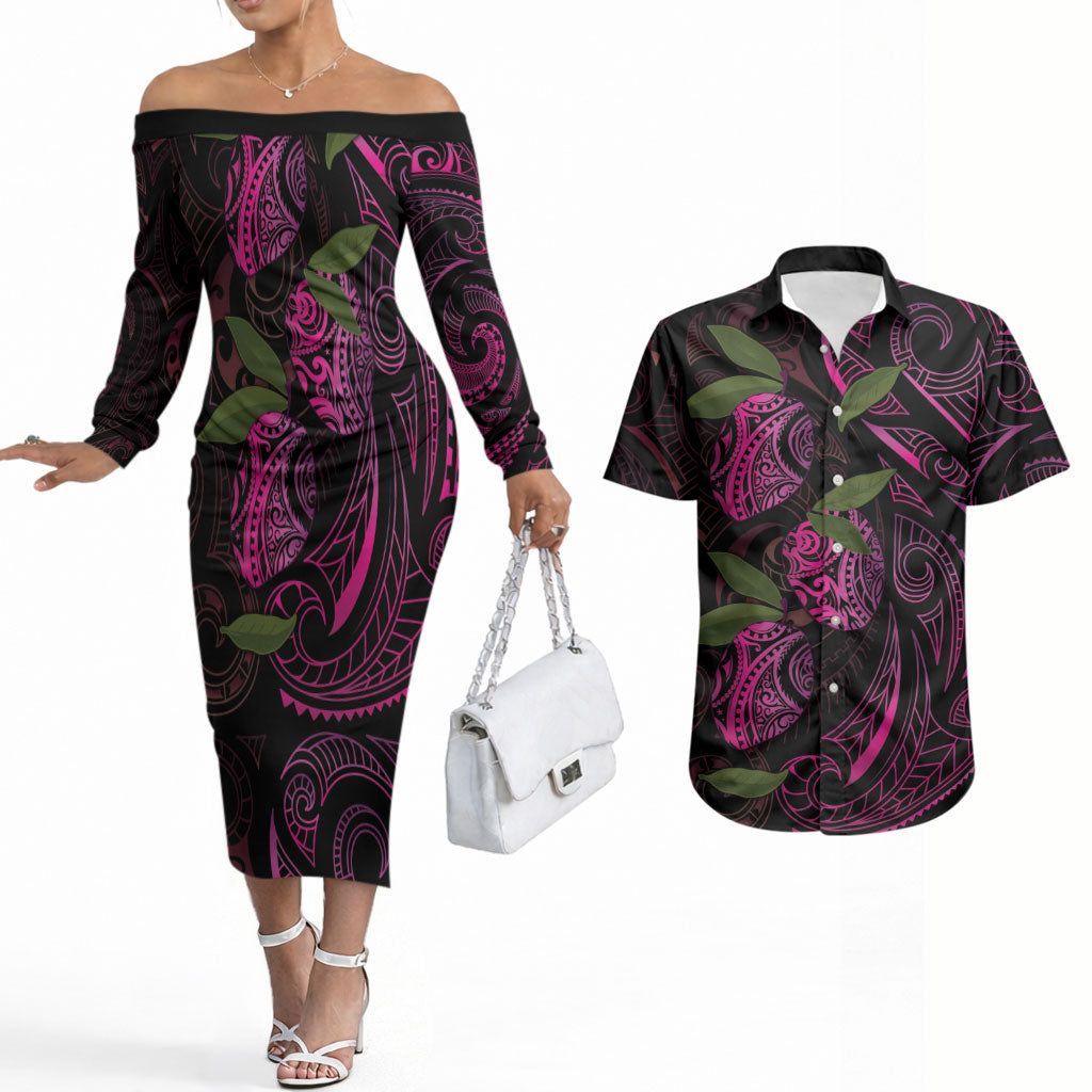 Hawaiian Mango Tribal Tattoo Couples Matching Off The Shoulder Long Sleeve Dress and Hawaiian Shirt Pink Pacific Traditional Pattern LT9 Pink - Polynesian Pride