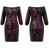 Hawaiian Mango Tribal Tattoo Couples Matching Off The Shoulder Long Sleeve Dress and Hawaiian Shirt Pink Pacific Traditional Pattern LT9 - Polynesian Pride